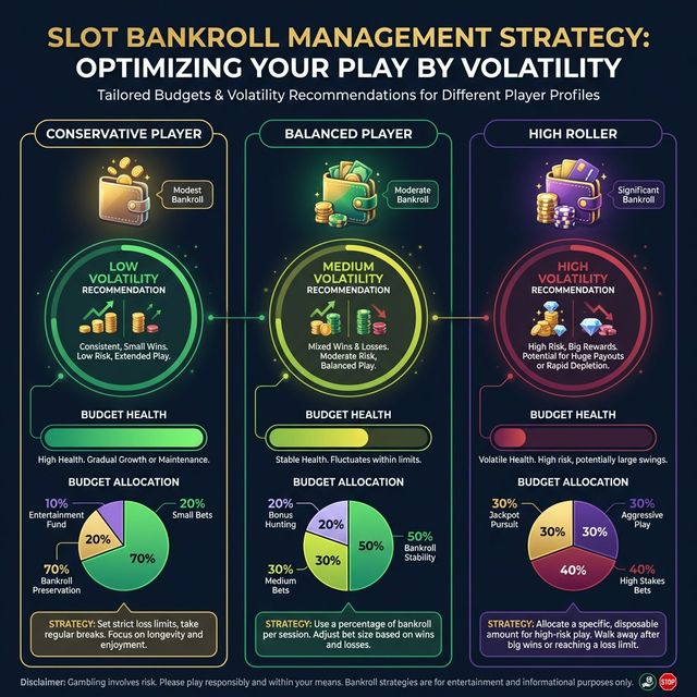 Bankroll management infographic showing three player profiles (conservative, balanced, high roller) with volatility and budget recommendations