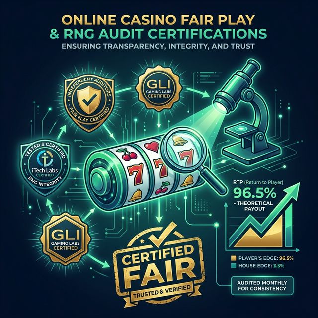 Infographic showing RNG audit certifications including eCOGRA, iTech Labs, and GLI badges with RTP verification chart