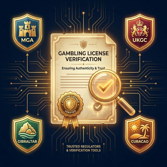 Infographic showing gambling license verification process with MGA, UKGC, Gibraltar, and Curacao regulatory badges