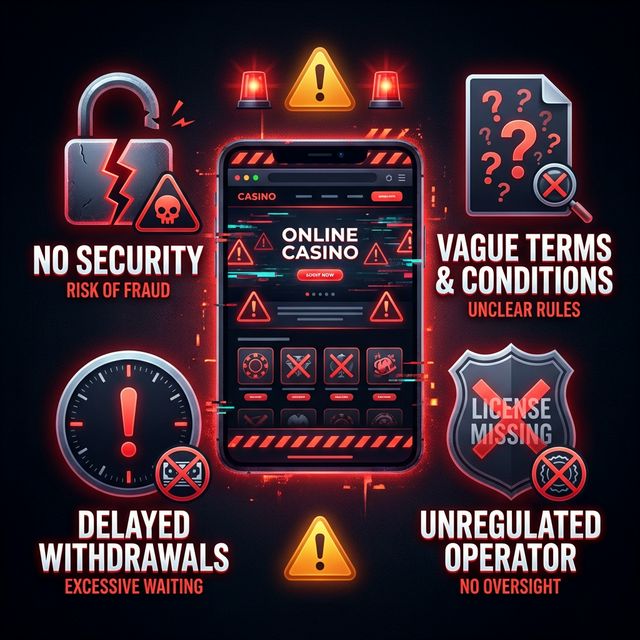Warning infographic showing online casino red flags: no security, delayed withdrawals, vague terms, and missing licenses