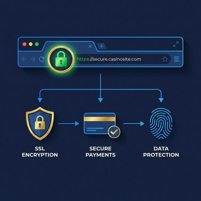 Diagram showing browser SSL encryption, secure payment methods, and data protection indicators for safe online casinos