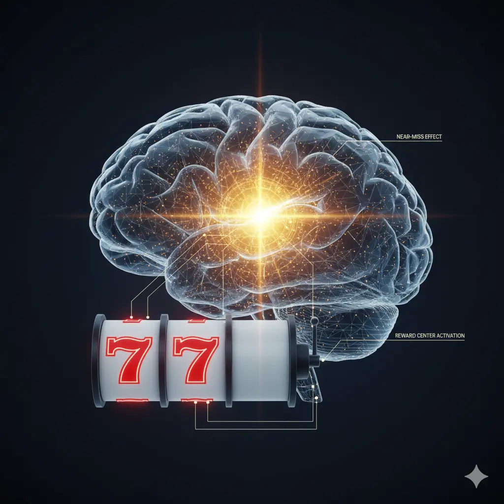 Abstract illustration of a brain focusing on a near-miss while ignoring a diminishing stack of chips.