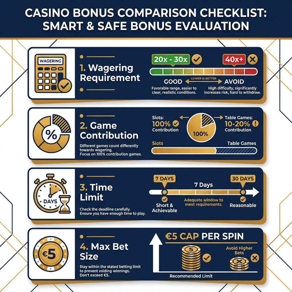 Checklist infographic showing the four key variables for comparing casino bonuses: wagering, contribution, time, and bet limits