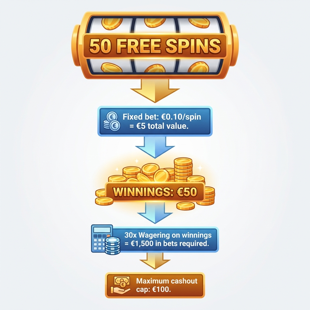 Diagram showing the flow from free spins to winnings to wagering requirements to final cashout with potential caps