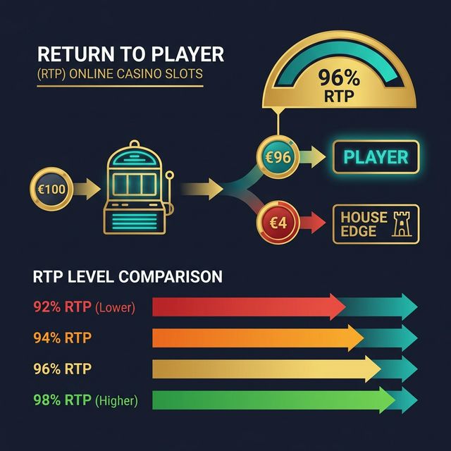 Infographic showing how Return to Player works: €100 enters a slot, €96 returns to the player, €4 goes to the house edge, with an RTP comparison chart