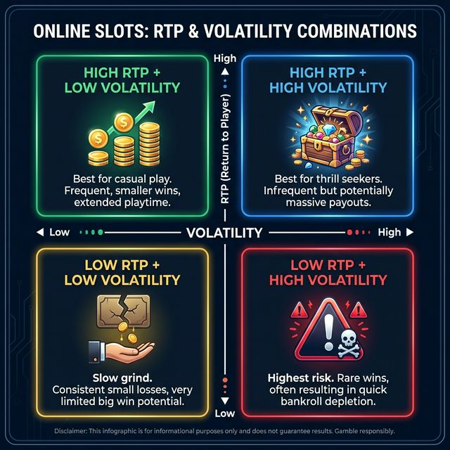 2x2 matrix infographic showing four combinations of high/low RTP and high/low volatility with recommendations for each