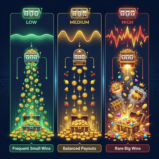 Three-column infographic comparing low, medium, and high volatility slots showing frequency and size of payouts