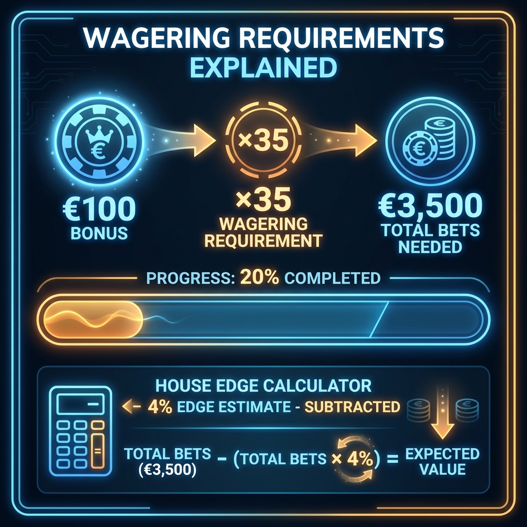 Visual calculation showing how wagering requirements multiply the total amount a player must bet before withdrawal