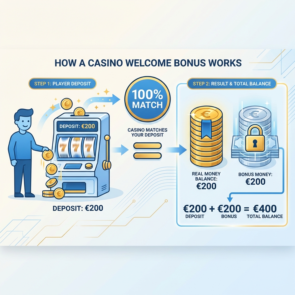 Infographic showing the breakdown of a 100% welcome bonus into deposit, bonus balance, and wagering requirements